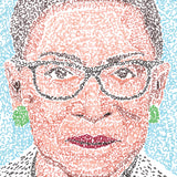 Artwork detail: RBG's face. Micrography artwork of Ruth Bader Ginsburg (RBG), filled with the text "Justice, justice shall you pursue" and "may her memory be a revolution" in both Hebrew & English. (Micrography by Rae Antonoff / RaeAn Designs)