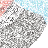Artwork detail: RBG's collar & shoulder. Micrography artwork of Ruth Bader Ginsburg (RBG), filled with the text "Justice, justice shall you pursue" and "may her memory be a revolution" in both Hebrew & English. (Micrography by Rae Antonoff / RaeAn Designs)