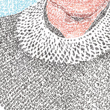 Artwork detail: RBG's Collar. Micrography artwork of Ruth Bader Ginsburg (RBG), filled with the text "Justice, justice shall you pursue" and "may her memory be a revolution" in both Hebrew & English. (Micrography by Rae Antonoff / RaeAn Designs)