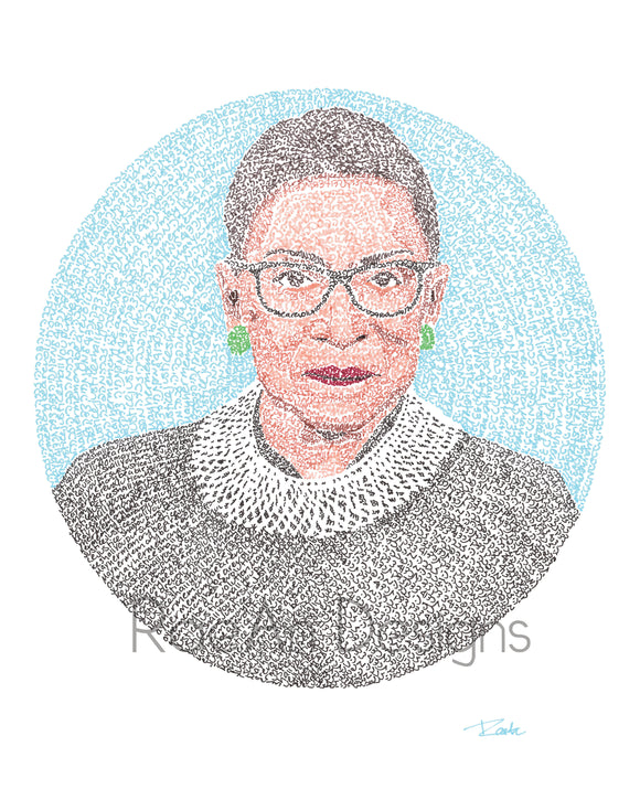 Micrography artwork of Ruth Bader Ginsburg (RBG), filled with the text 