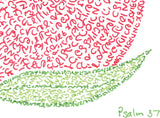 Detail of micrography artwork of a pomegranate filled with Psalm 37 in Hebrew by Rae Antonoff / RaeAn Designs