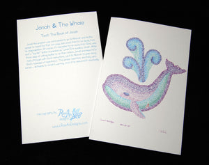 Micrography greeting card with Jonah & The Whale on the front, and a description of on the back. By Rae Antonoff / RaeAn Designs