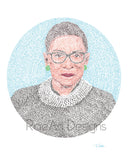 Micrography artwork of Ruth Bader Ginsburg (RBG), filled with the text "Justice, justice shall you pursue" and "may her memory be a revolution" in both Hebrew & English. (Watermarked image - copyright RaeAn Designs / Rae Antonoff)