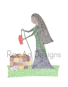 Micrography artwork portraying Rebekah at the Well filled with the Hebrew from Genesis 24-27 by Rae Antonoff / RaeAn Designs